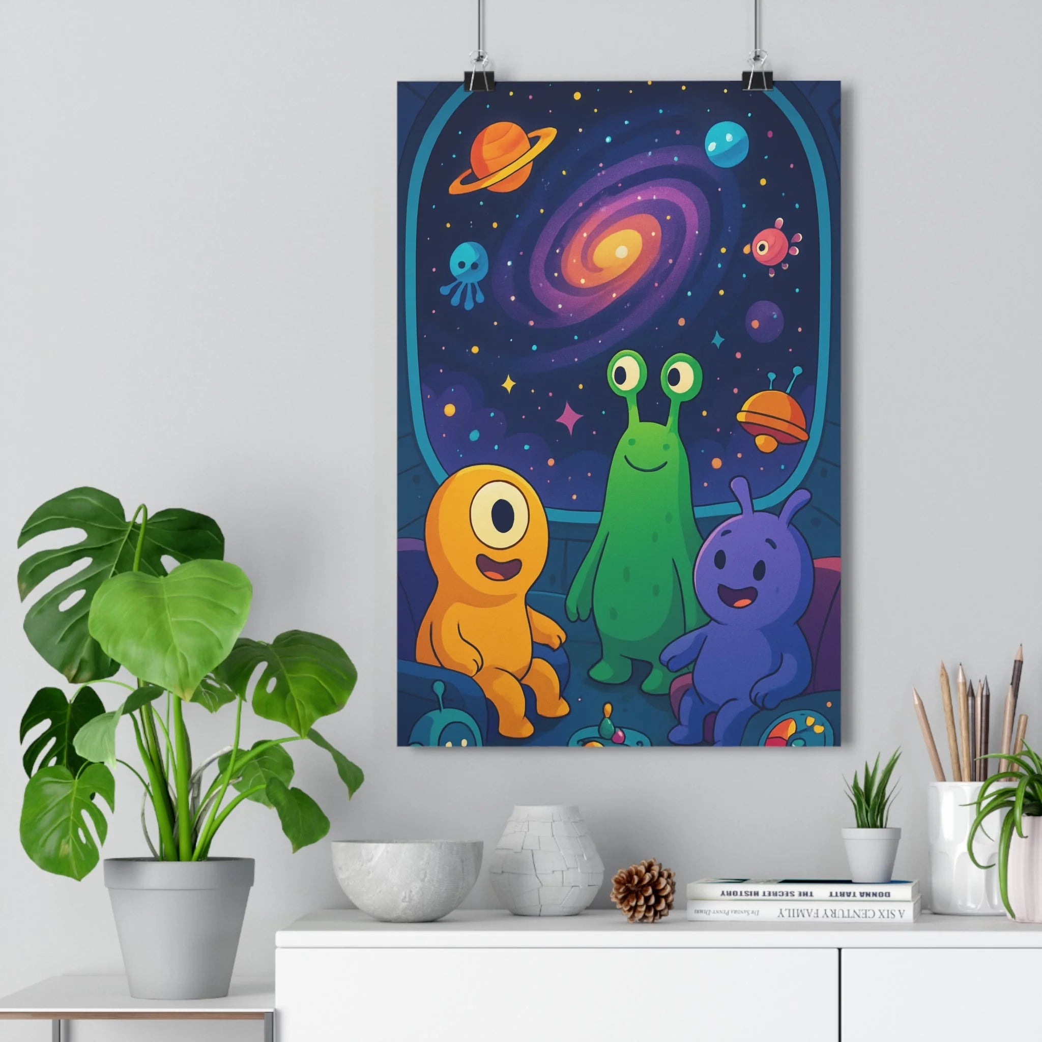 Poster décoratif futuriste coloré galaxie aventure créatures joyeux chambre enfant vibrant spatial exploration unique