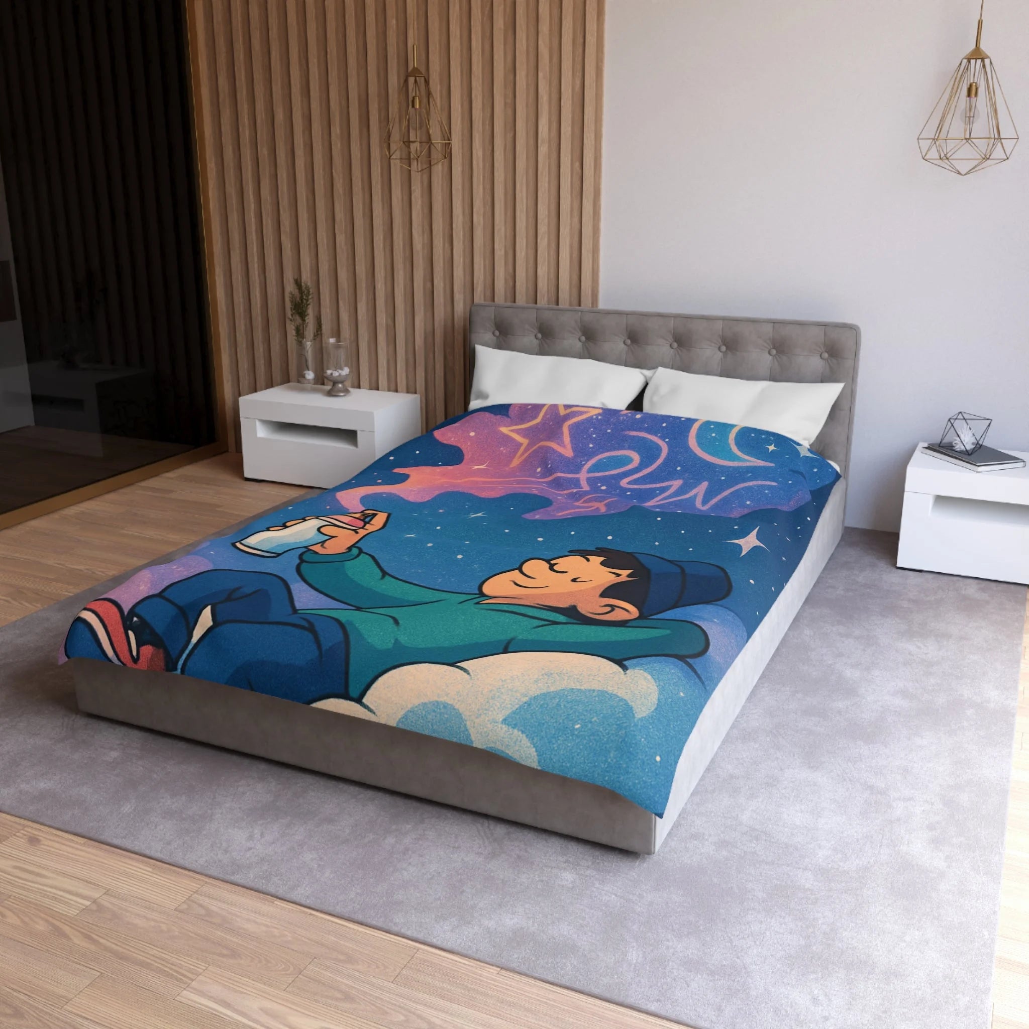 Housse de couette rêve étoilé avec jeune garçon et spray cosmique coloré