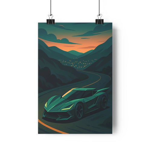Poster supercar verte paysage montagneux crépuscule nuages sombres plantes ombres douces style moderne ambiance contemplative chambre salon