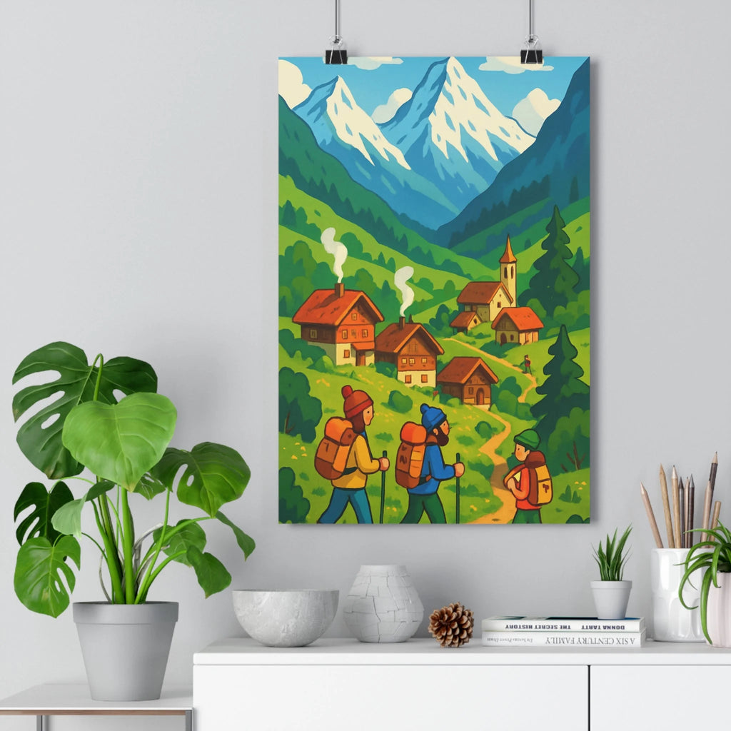 Poster décoratif cartoon village pittoresque rouge joyeux montagne salle enfant maison chaleureux qualité unique