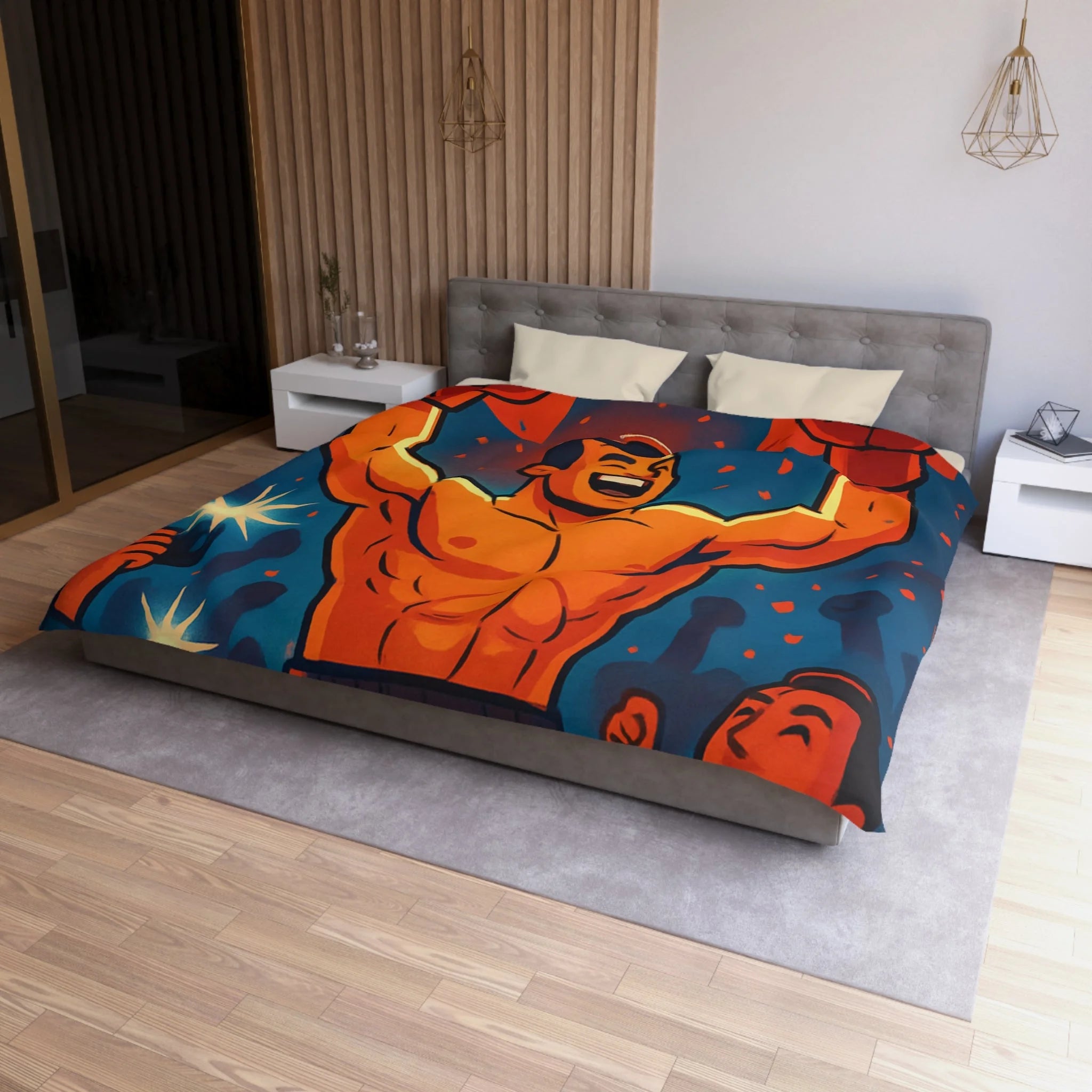 Housse de couette spectaculaire avec illustration de boxeur victorieux et public en liesse