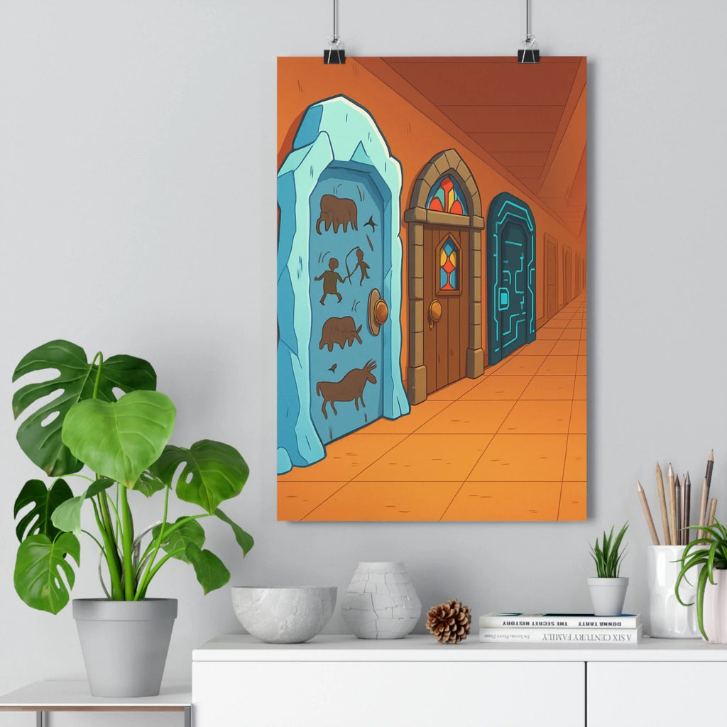 Poster intérieur mur pierre bleue gravures animaux portes vitrail tuiles orange ambiance mystérieuse style cartoon couleurs vives salon chambre enfant unique