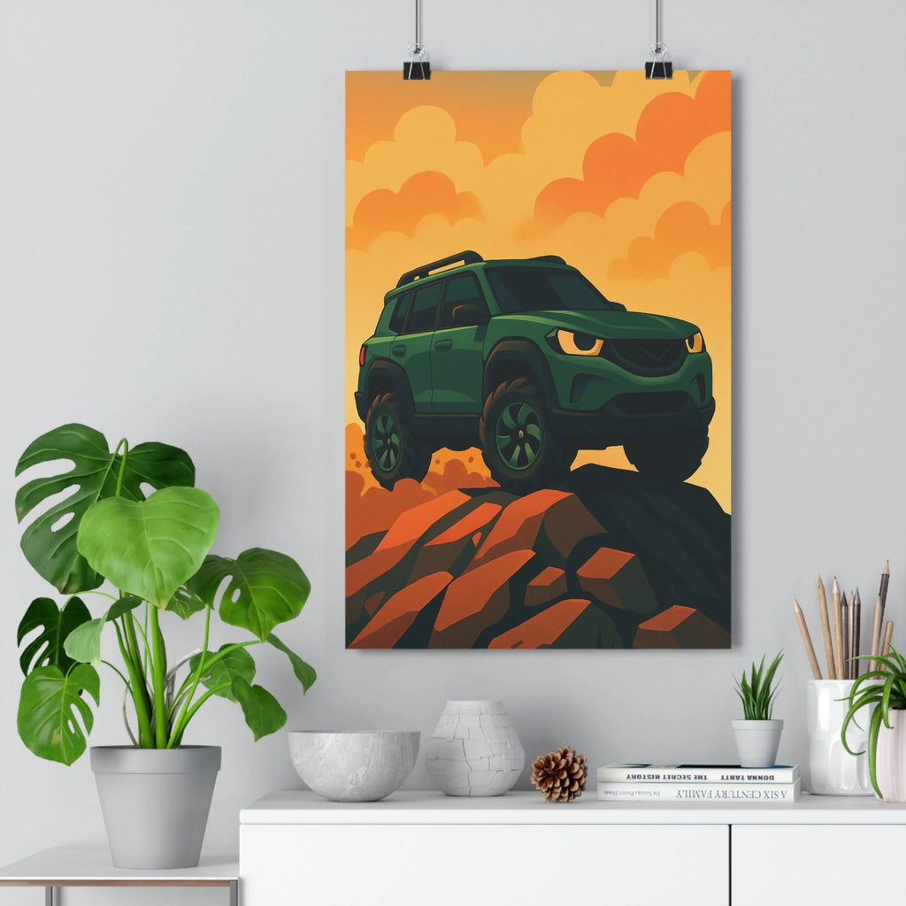 Poster décoratif cartoon voiture verte aventure rocheux orange nuages chambre ado salon 30x46 qualité