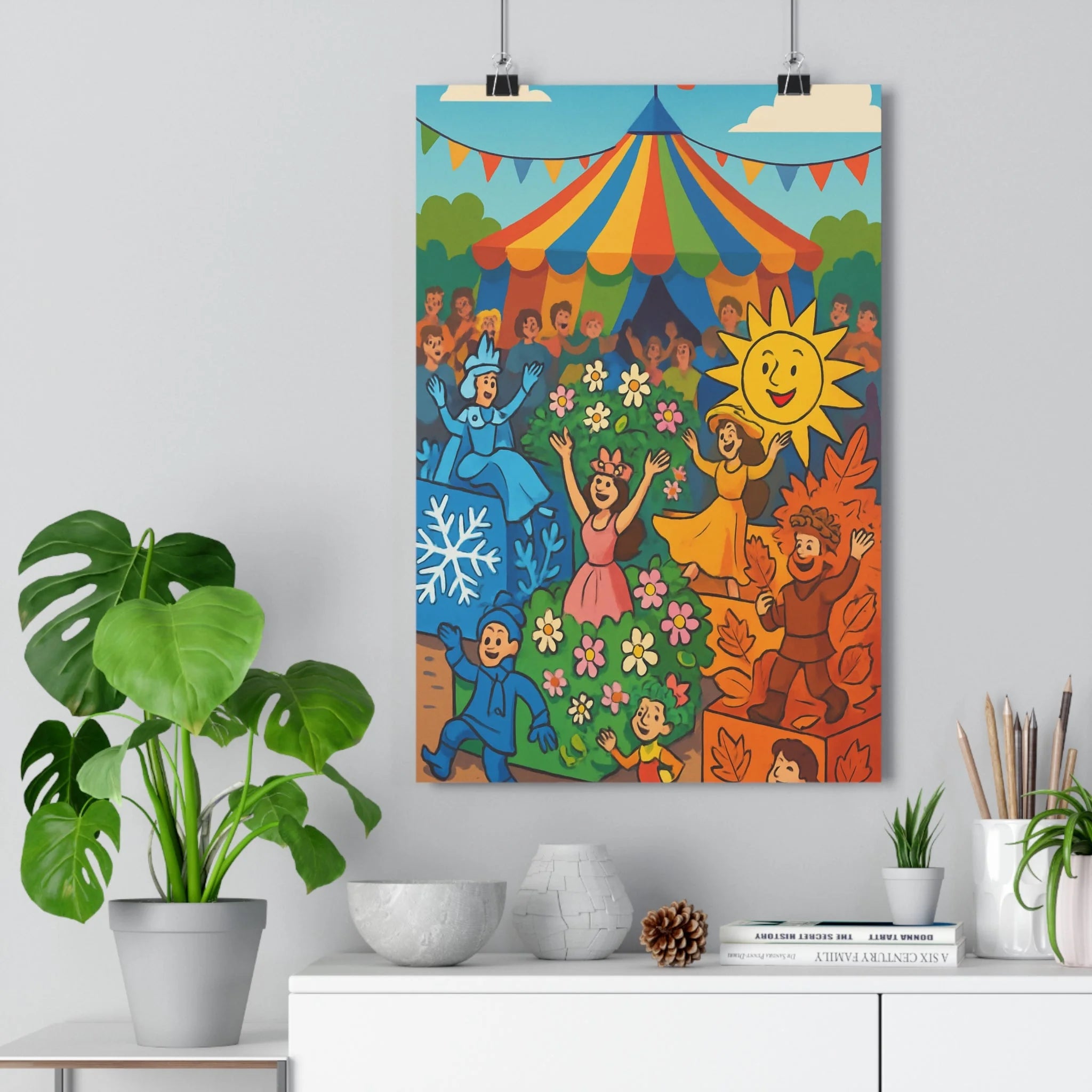 Poster décoratif cartoon joyeux coloré fleurs feuilles enfant salon chambre festif vibrant original saison