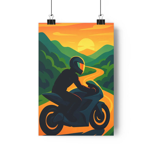 Poster motard course couchant montagnes verts oranges dynamisme aventure moderne minimaliste bureau chambre vibrant