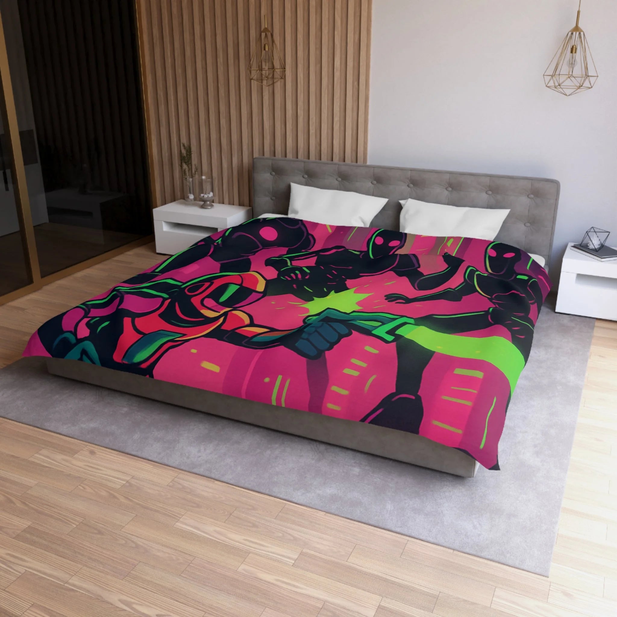 Housse de couette néon futuriste avec combat spatial, designs vifs rétro et cyberpunk