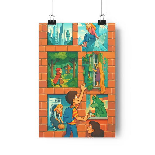 Poster enfant fenetre princesses foret ville balcon window magical colorful narrative contemporary quality premium