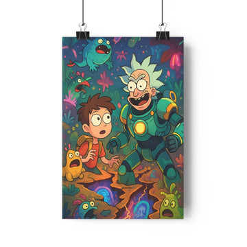 Poster adulte enfant surprise créatures fantastiques fleurs lumière bleu vert rouge détails cartoon dynamique mystère chambre bureau
