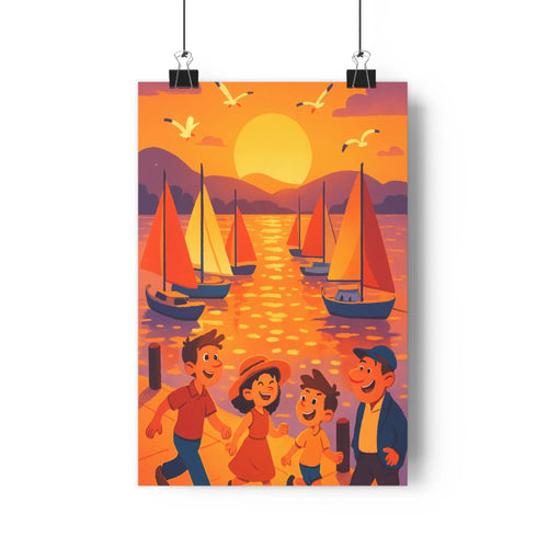 Poster scène lac couchant soleil montagnes voiliers rouge jaune bleu joyeux oiseaux contour géométrique ambiance festive salon chambre