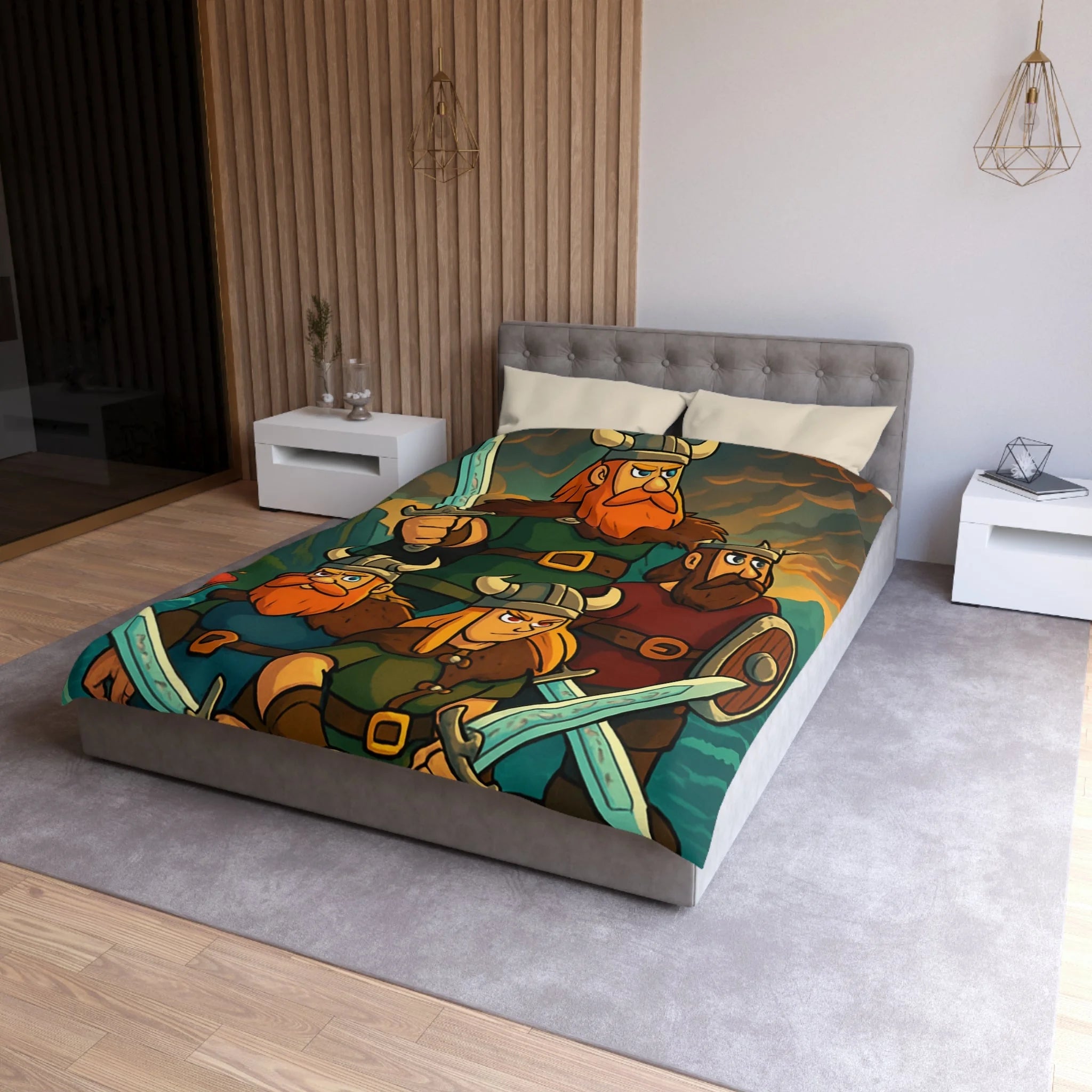Housse de couette viking épique avec des guerriers et paysage dramatique
