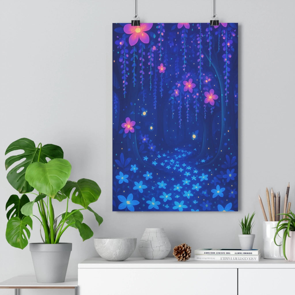 Poster mystique forêt spirale arbres majestueux fleurs lumineuses bleues roses lumières jaunes ambiance féerique exploration silencieuse chambre salon