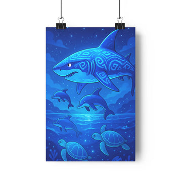 Poster requin dauphins tortues mer nuit étoiles plantes verte vase blanc cadre minimaliste moderne nuances bleu calme serein salon chambre