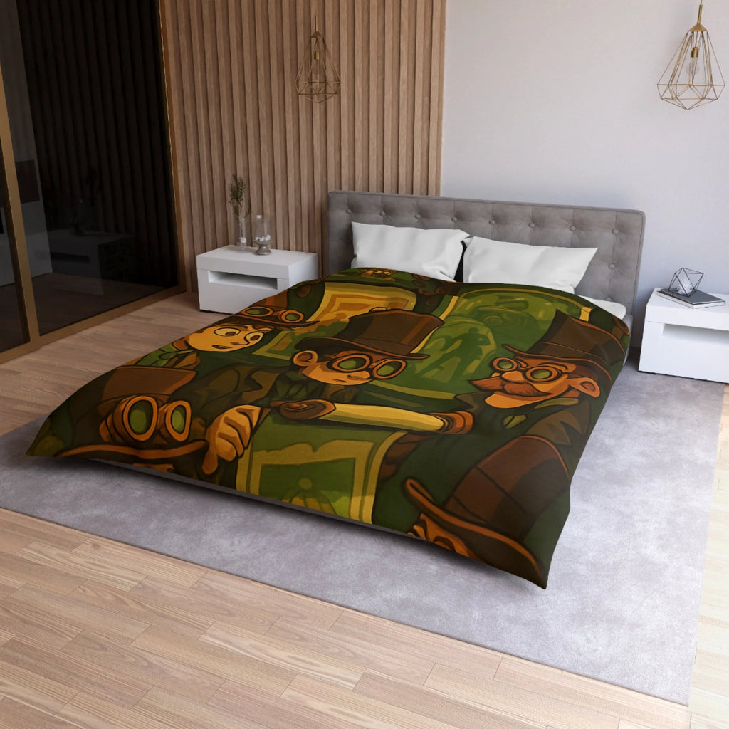 Housse de couette steampunk rétro vintage, illustration de gentlemen en chapeaux et engrenages