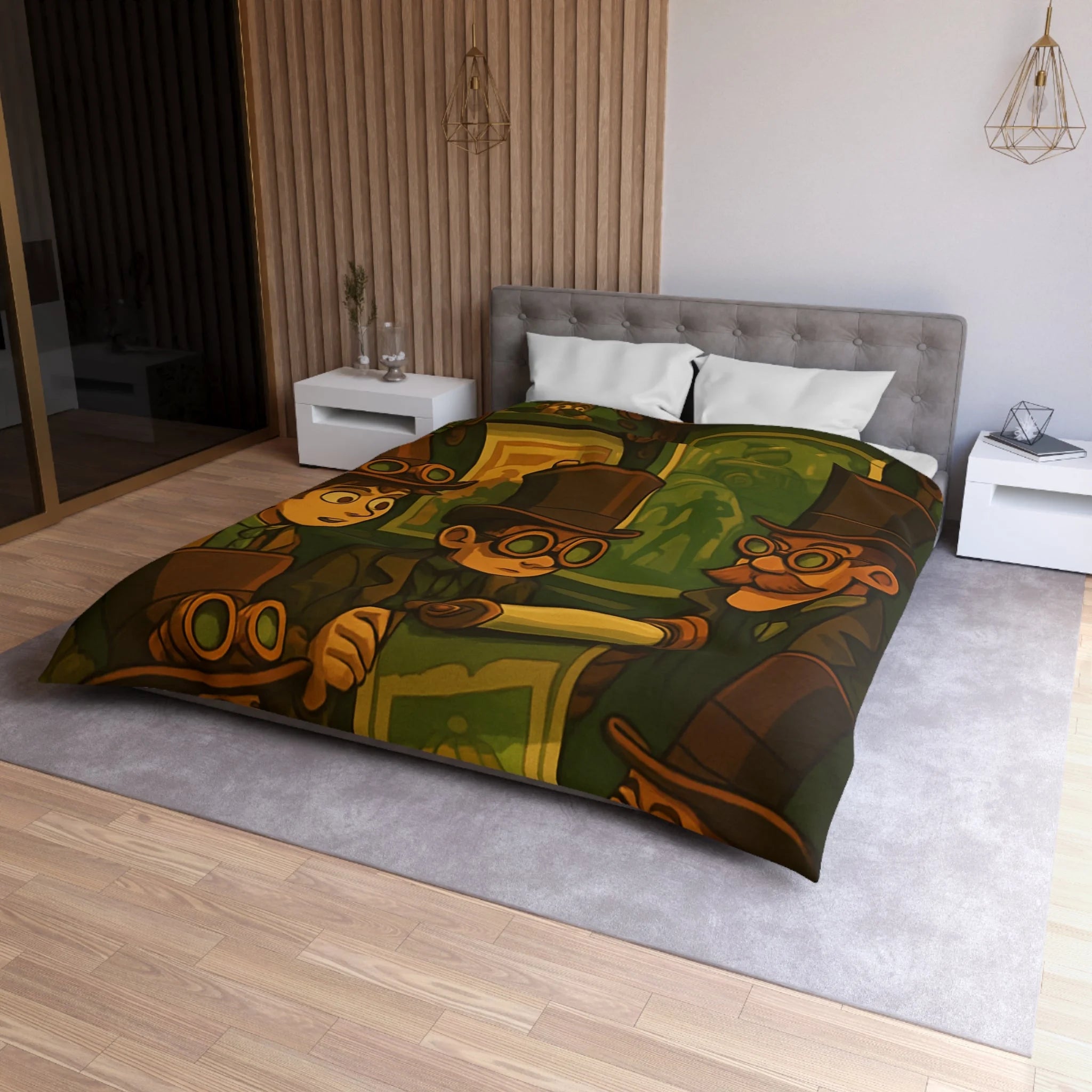 Housse de couette steampunk rétro vintage, illustration de gentlemen en chapeaux et engrenages