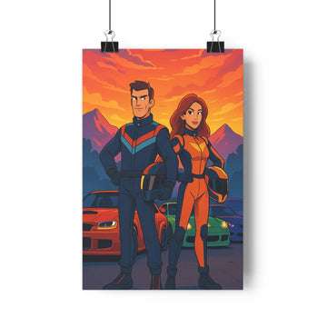 Poster sportif course voitures montagnes couchant nuages orangés rouges bleus violets combinaisons casques moderne dynamique vibrant chambre salon