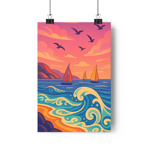Poster marin voiliers mer agitée ciel rose violet nuages oiseaux volants montagnes vert bleu moderne coloré lignes fluides formes dynamiques