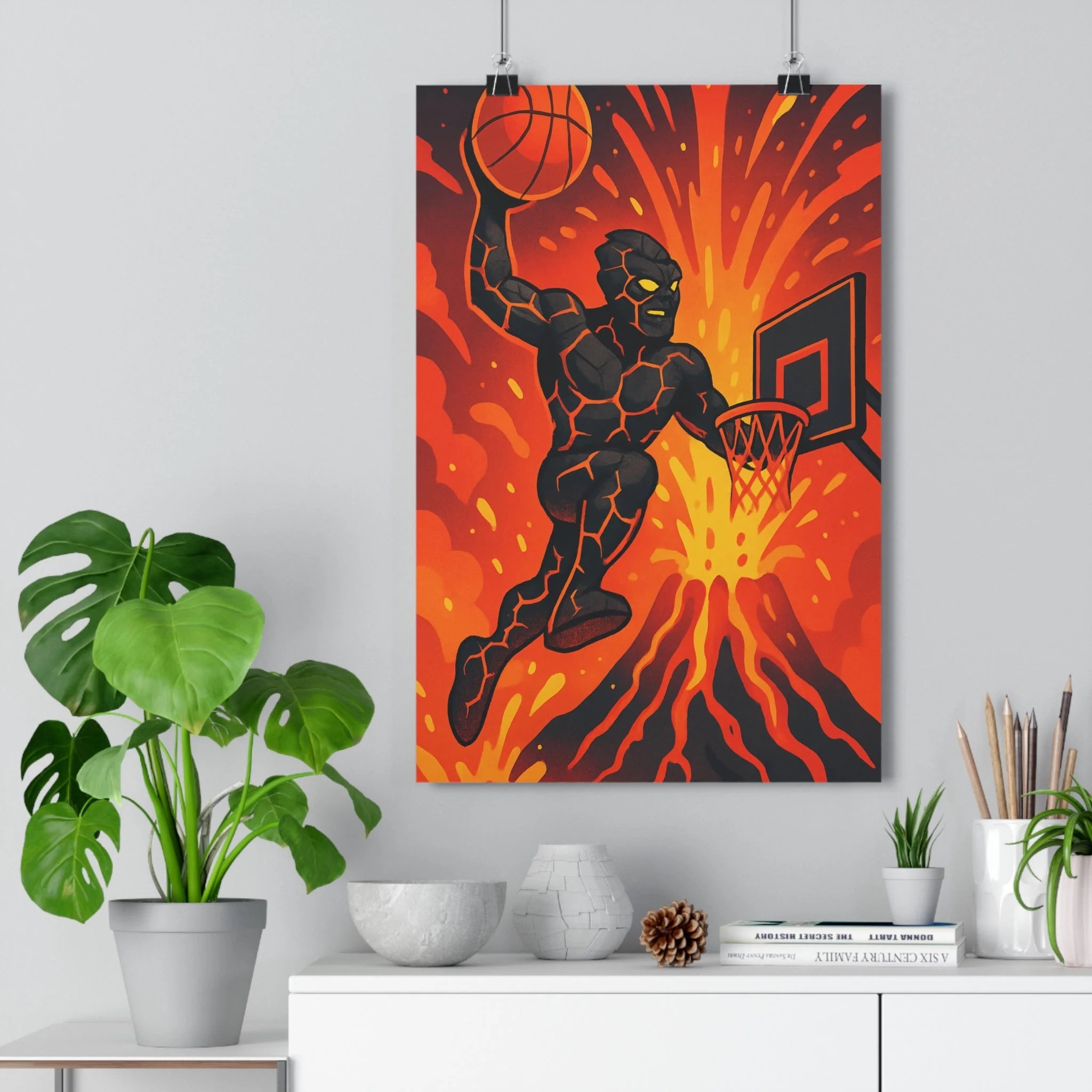 Poster décoratif dramatique rouge orange cartoon chambre aventure dynamique basket volcan éruption fusion intense