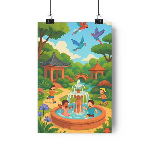 Poster enfants jouant fontaine jardin japonais pavillons arbres fleurs oiseaux coloré cartoon joyeux ensoleillé simple moderne vibrant