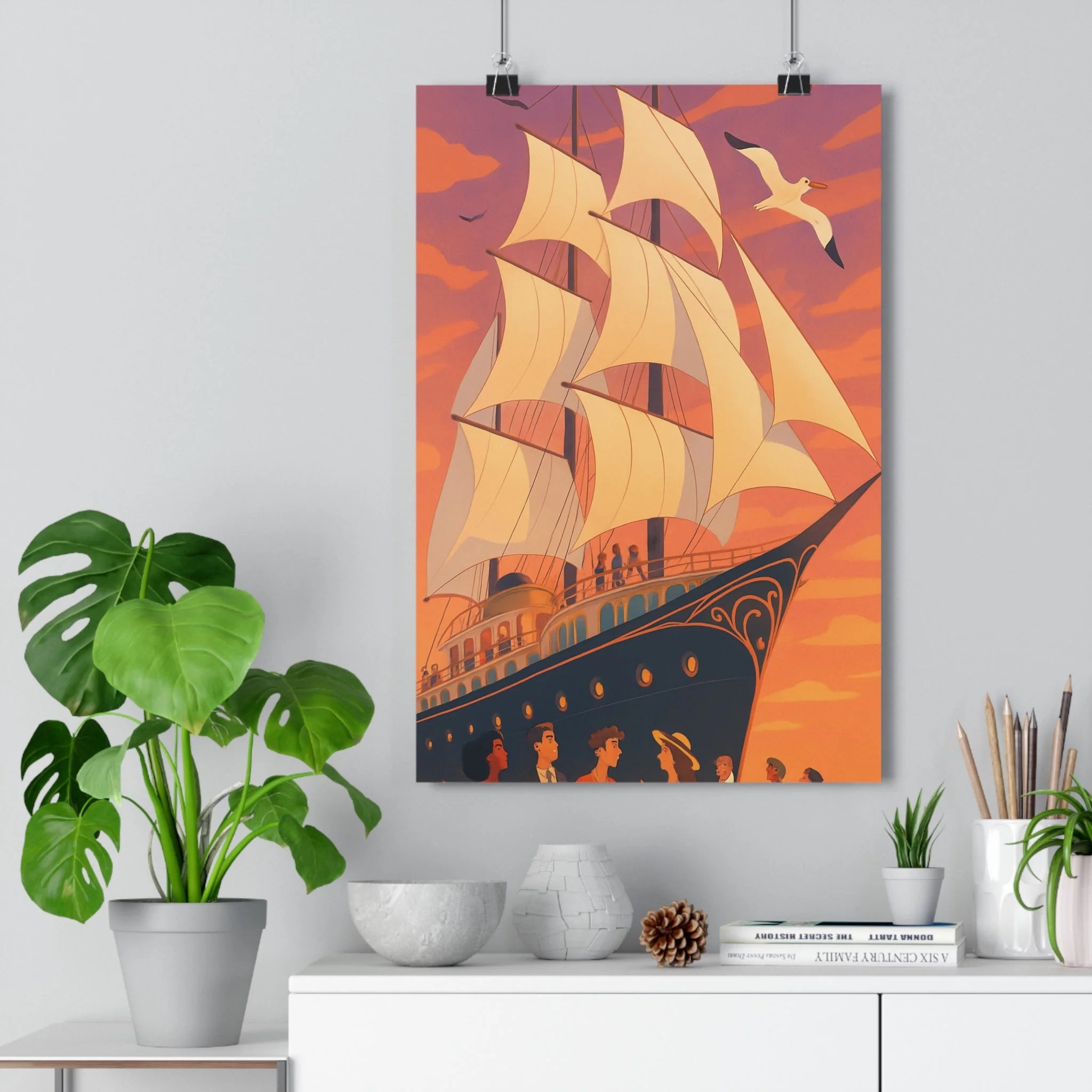 Poster décoratif voilier majestueux art déco cartoon rose orange aventure salon chambre élégant vibrant