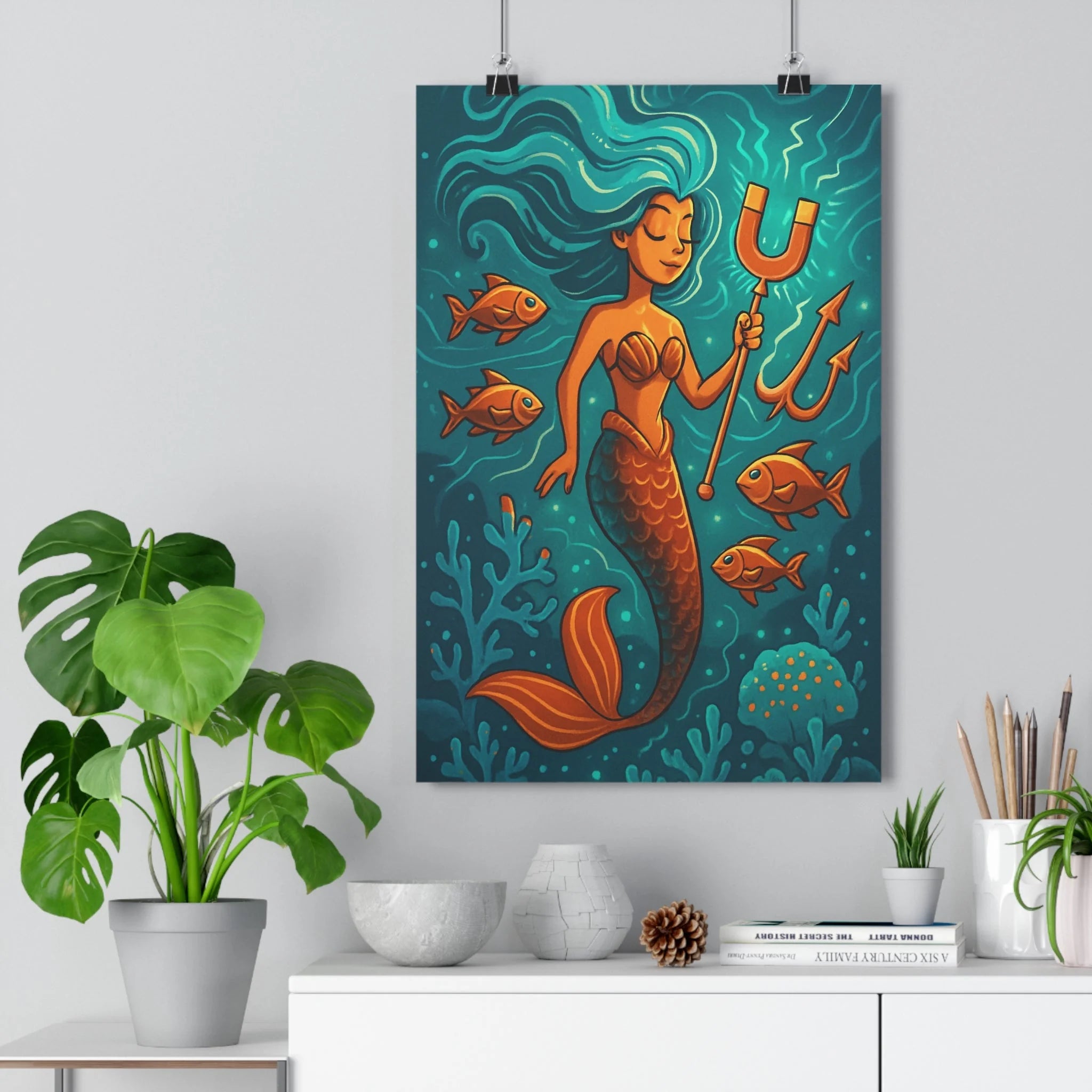 Poster décoratif sirène cartoon bleu orange océan mystique chambre enfant trident magique format 30x46