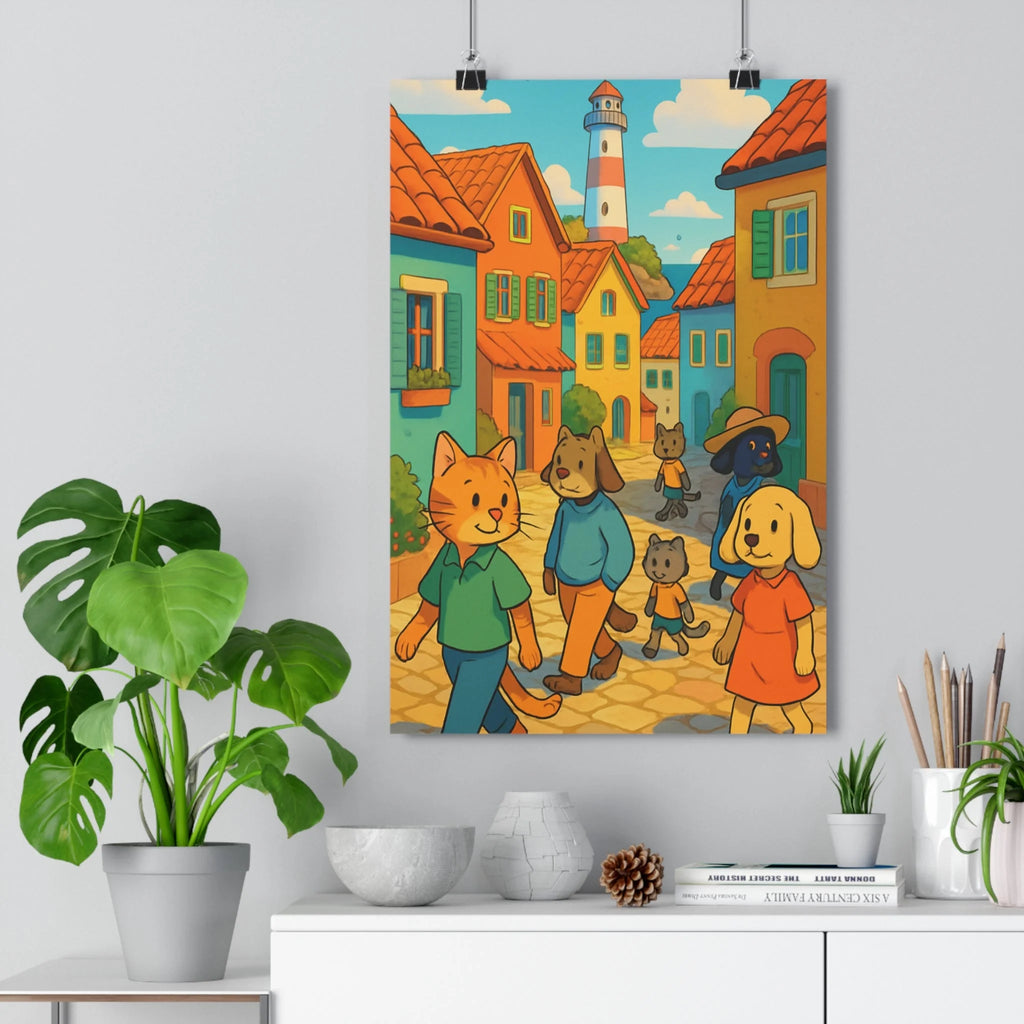 Poster décoratif cartoon chats chiens couleurs pastel joyeux salon chambre enfant design apaisant qualité