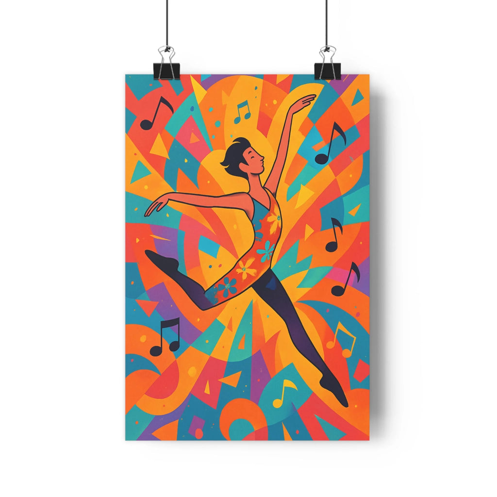 Poster danseuse mouvement notes musicales motifs floraux costumes orange géométries colorées contrastes dynamiques style moderne joyeux vibrant chambre salon