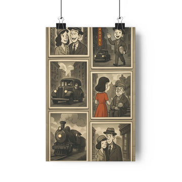 Poster rétro couple ville hôtel train rue animée panneau rouge voiture noir ambiance nostalgique expression faciale simple style linéaire tension