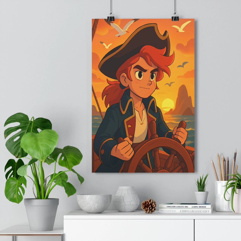 Poster décoratif aventure capitaine mer coucher soleil orange bleu chambre ambiance chaleureuse unique qualité