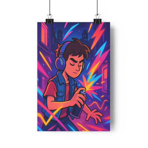 Poster moderne graffiti street art urbain nuit concentrateur peinture colorée ombres douces lines épaisses ambiance créative chambre adolescente salon