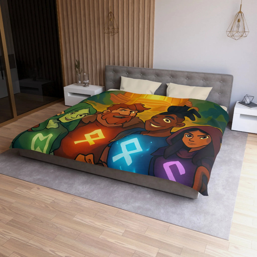 Housse de couette vibrant avec aventure illustrée de quatre héros devant un ancien temple