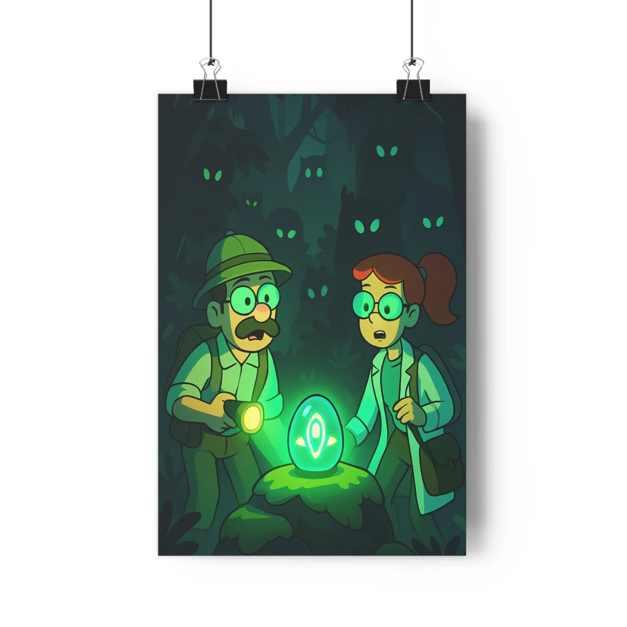 Poster décoratif animé mystique aventure forêt sombre vert bleu bureau chambre intrigant explorateur lumineux