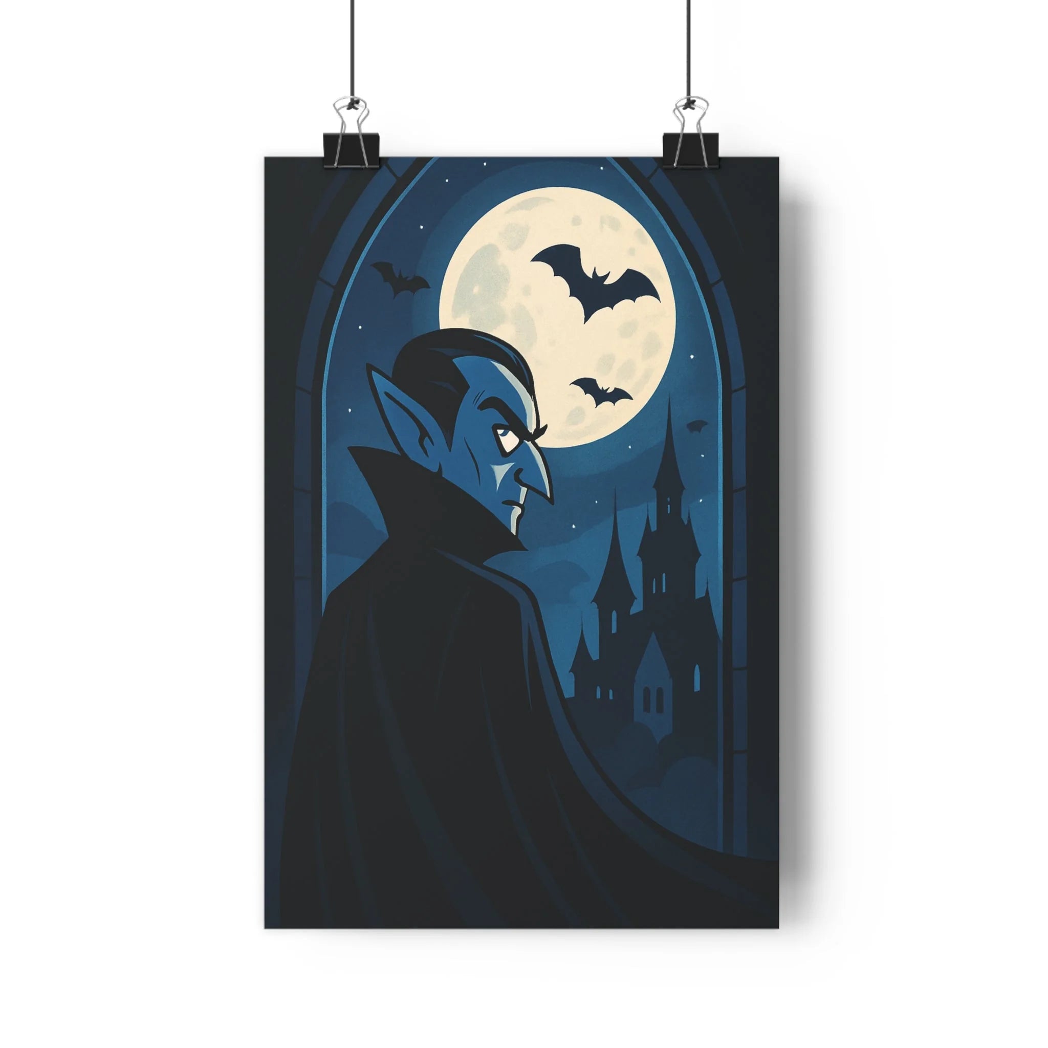 Poster décoratif cartoon mystérieux bleu noir vampire lune chauvessouris château chambre salon ambiance qualité