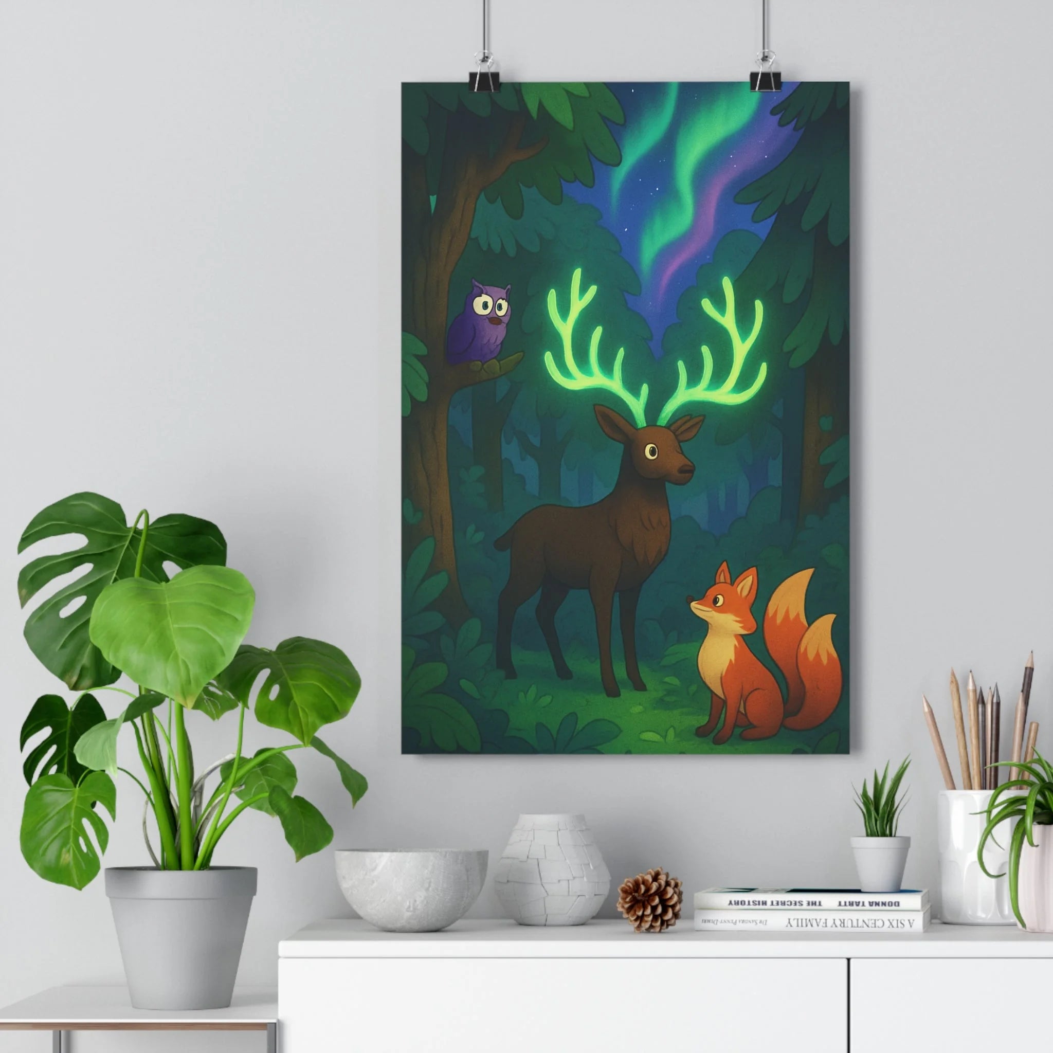 Poster décoratif forêt enchantée cerf lumineux cartoon magique vert violet chambre salon fantaisie ambiance