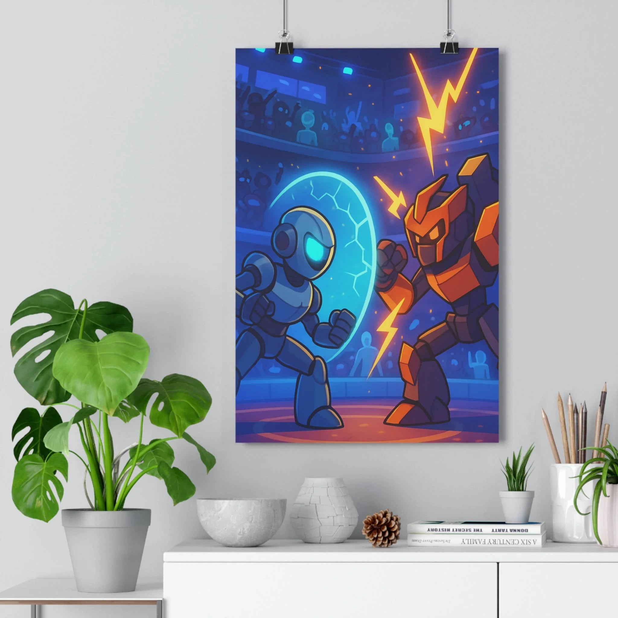 Poster décoratif technofuturiste bleu orange dynamique chambre enfant arène robots duel moderne électrique vibrant