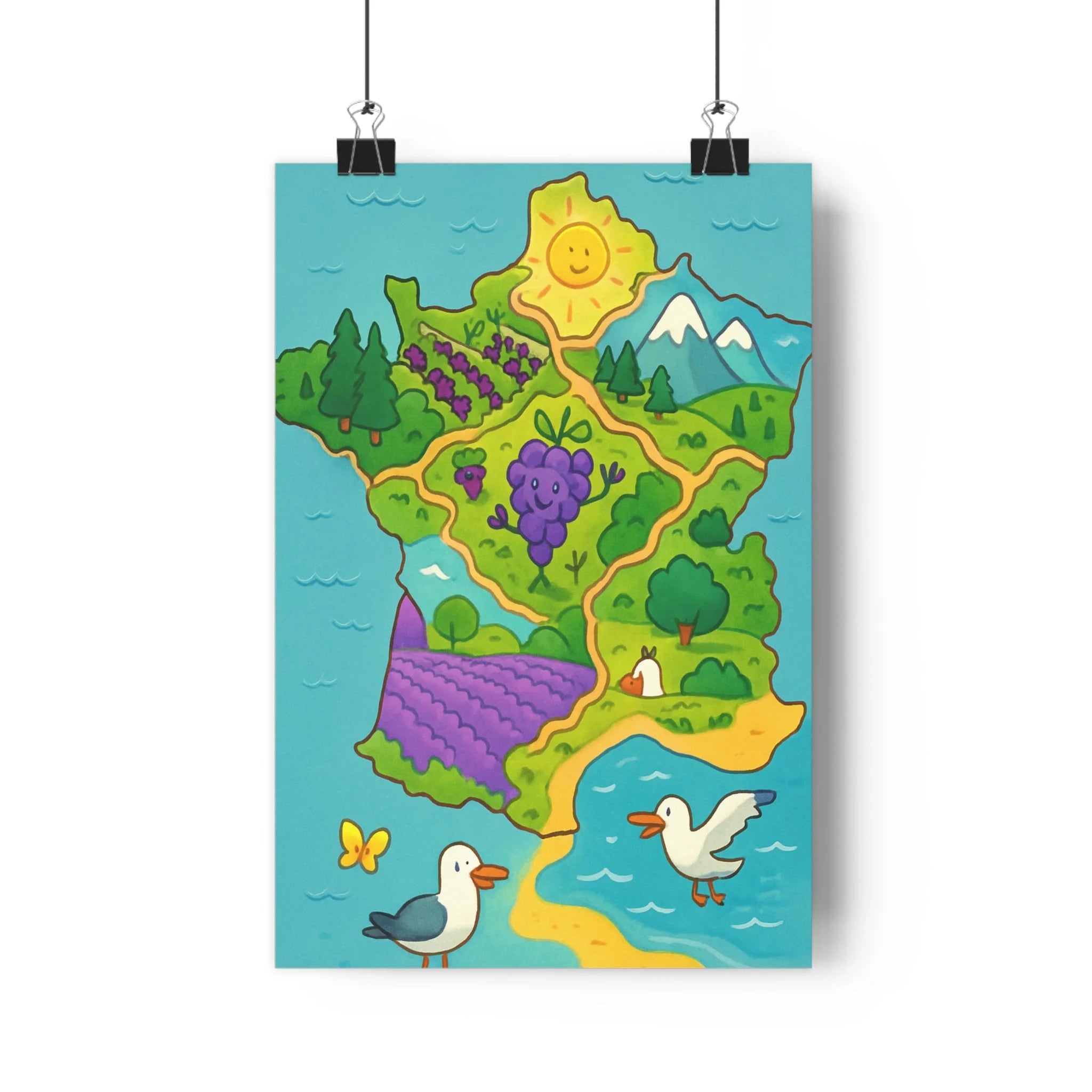 Poster décoratif nature France écologique cartoon vert bleu violet chambre enfant bureau joyeux ambiance