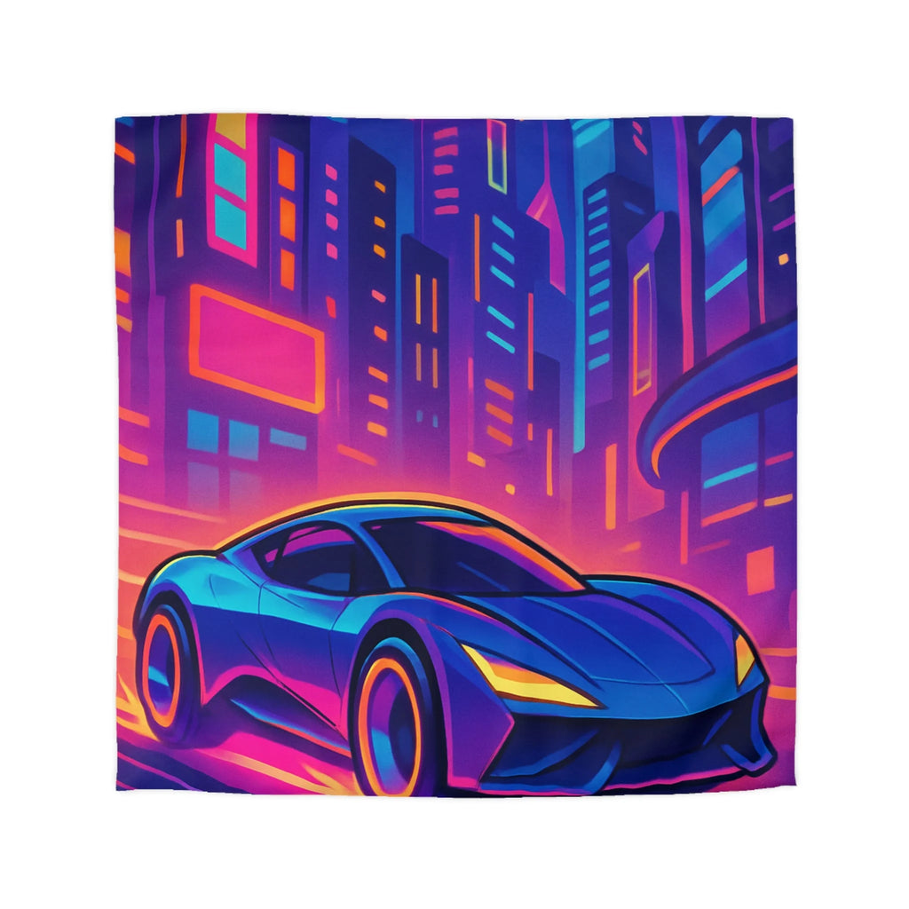 Housse de couette voiture néon sur fond de ville futuriste aux couleurs vibrantes