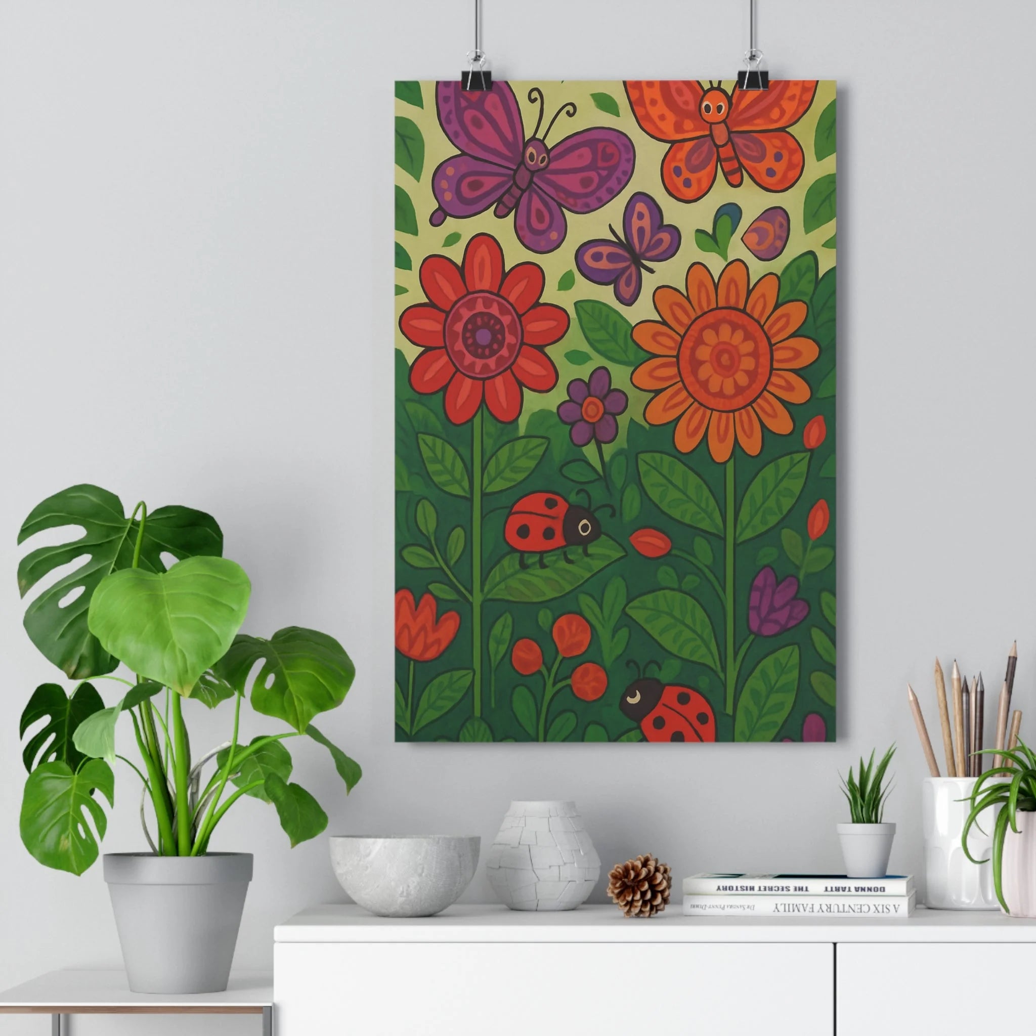 Poster décoratif enchanteur fleurs colorées papillons joyeux art nouveau animé jardin salon chambre qualité