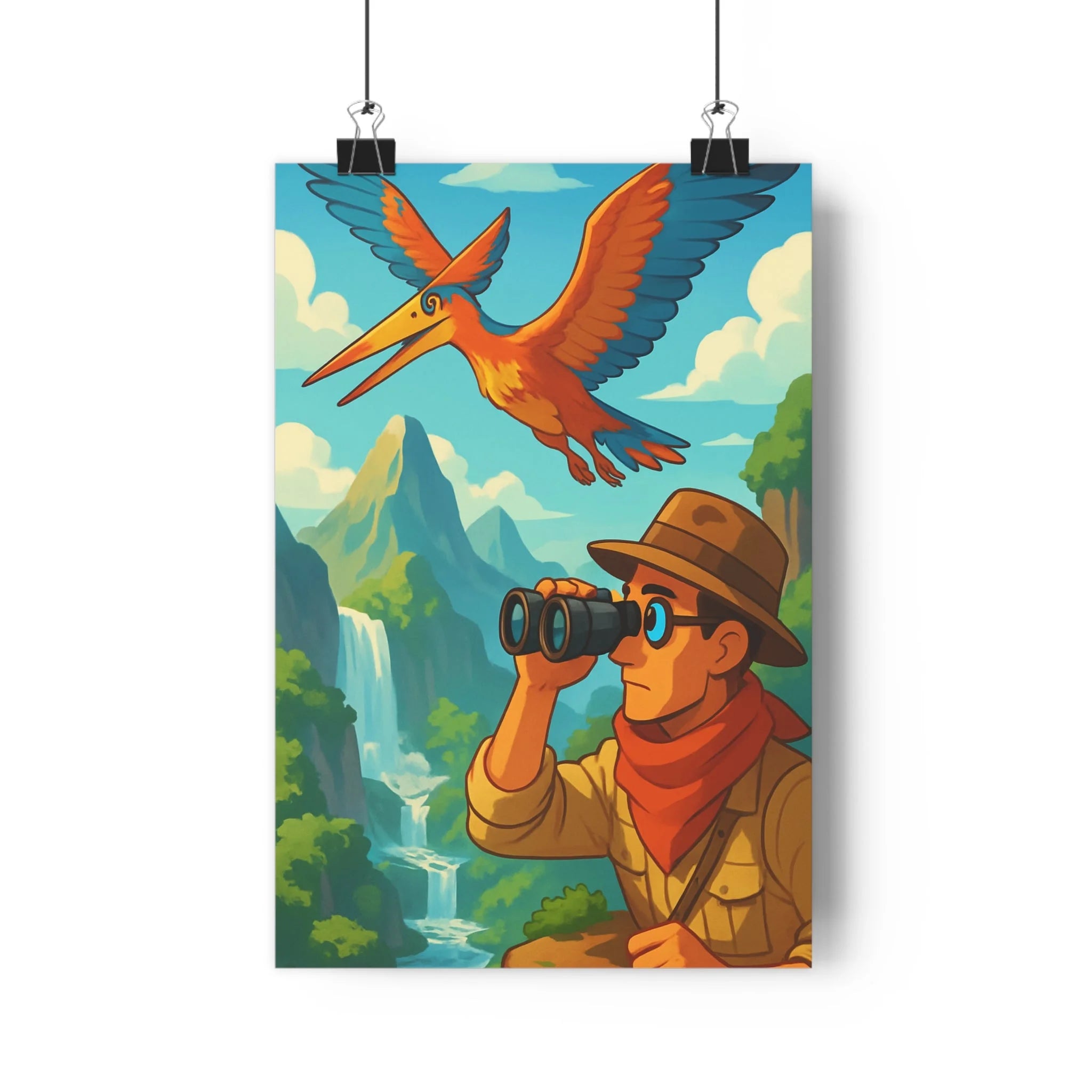 Poster décoratif aventure jungle manga bleu orange explorateur cascade nature dynamique vibrant chambre salon