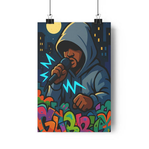 Poster homme rappeur micro sweat bleu graffitis colorés nuit gratte-ciels ombres douces style moderne ambiance intense salon chambre