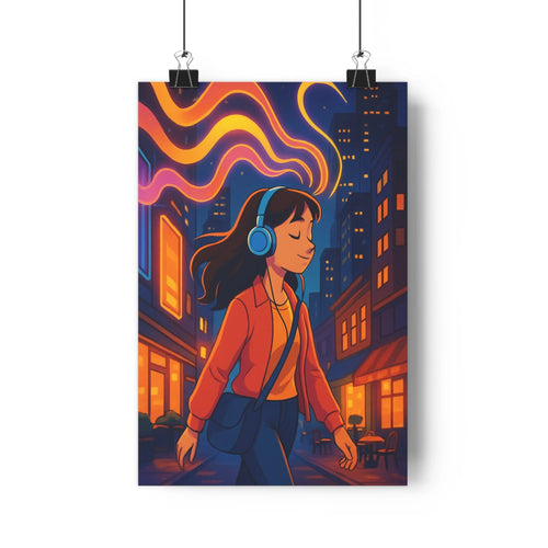 Poster moderne nuit jeune femme rue animée buildings illuminés couleurs vives style graphique fluide ambiance dynamique chambre salon
