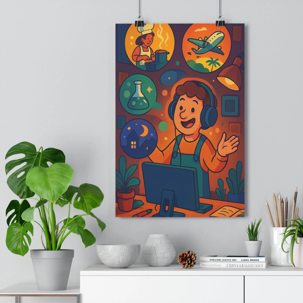 Poster décoratif cartoon bleu orange ambiance créative bureau art vibrant passion casque ordinateur qualité