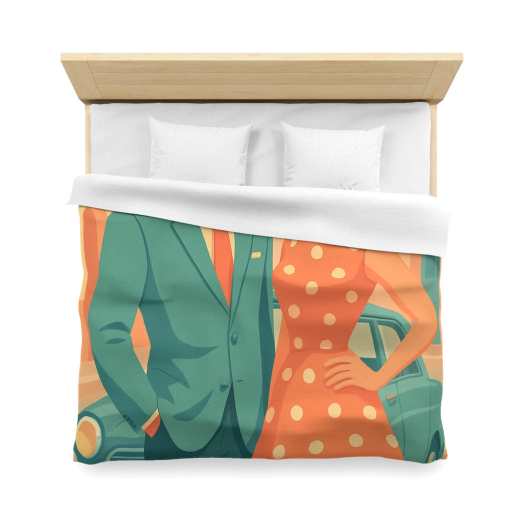 Housse de couette vintage rétro avec couple élégant en habits années 50 chic