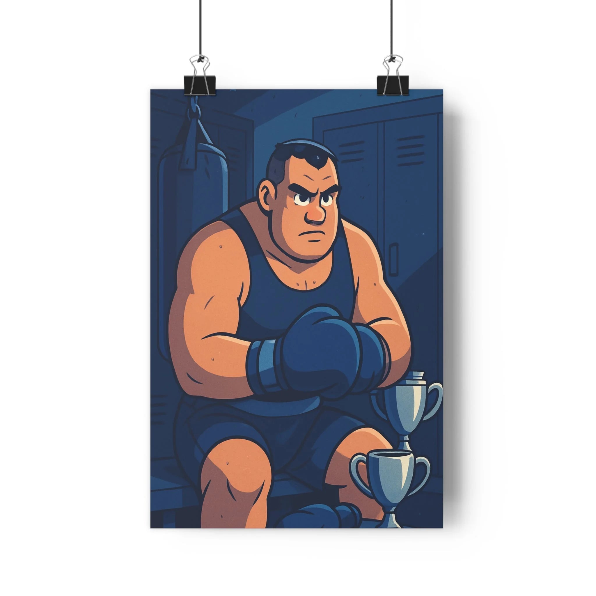Poster décoratif boxeur cartoon bleu beige concentration motivation salle sport format 30x46 calme élégant