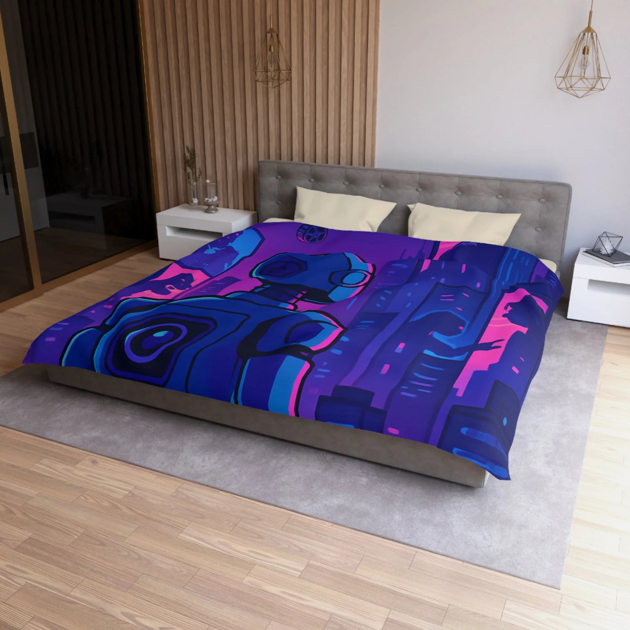 Séduisante housse de couette futuriste robot bleu néons drones anime horizon nuit