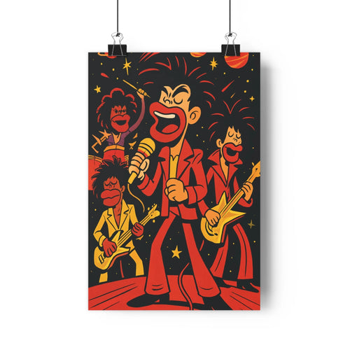 Poster musiciens performance scène costume rouge microphone guitares fond noir étoiles planètes couleurs chaudes style cartoon ambiance festive salon chambre