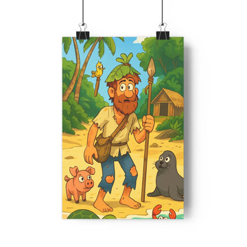 Poster aventure forestière lance sac dos personnage chemise blanche short bleu casque feuilles cochon renard crabe forêt luxuriante palmiers maison