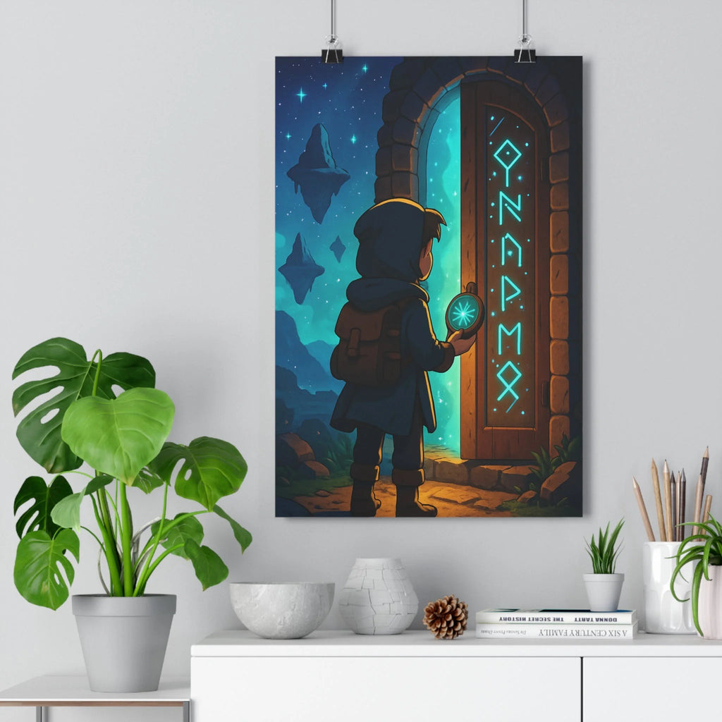 Poster décoratif aventurier bleu vert émeraude mystique cartoon enchanté chambre salon enfant boussole îles