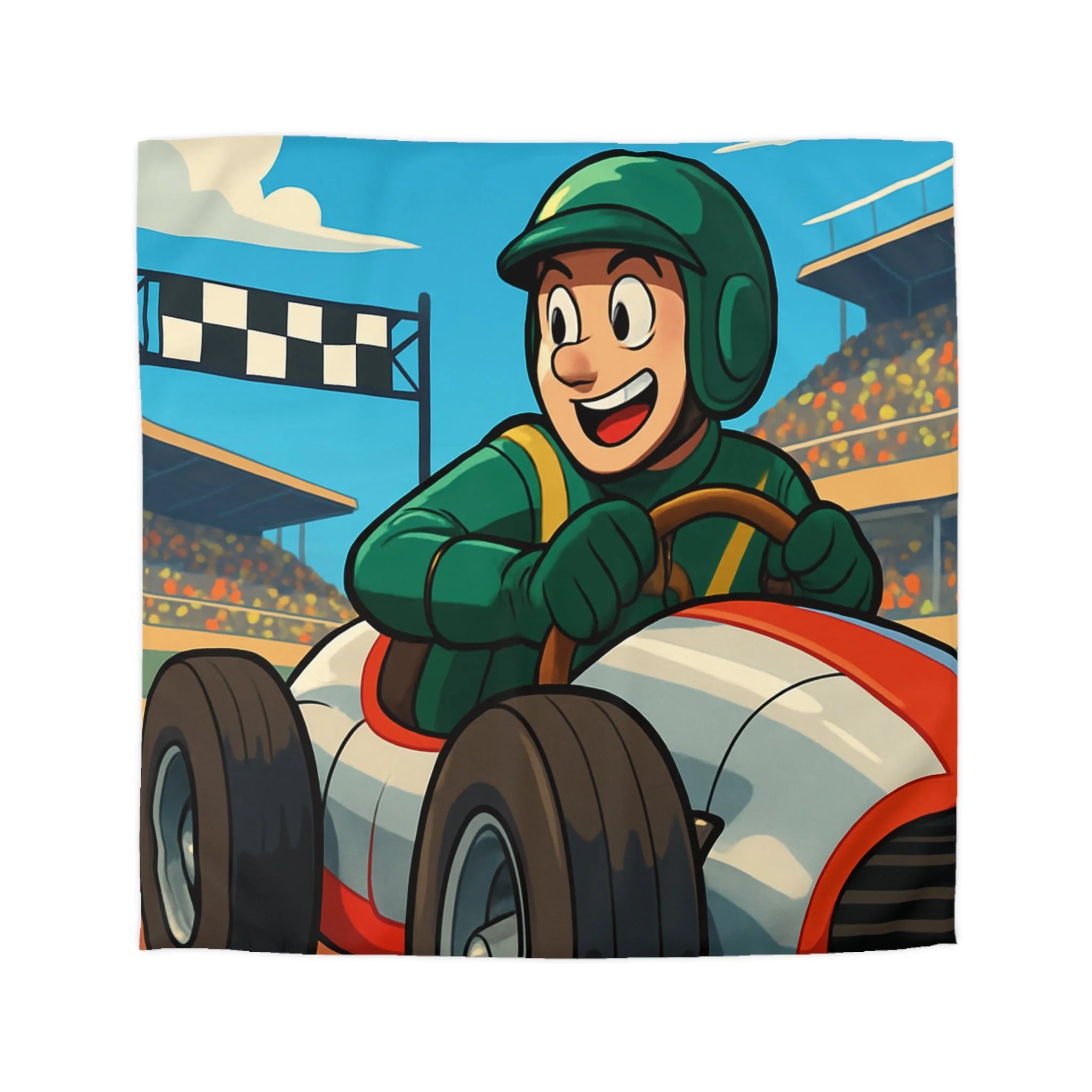 Housse de couette voiture de course pour enfants avec pilote souriant et piste