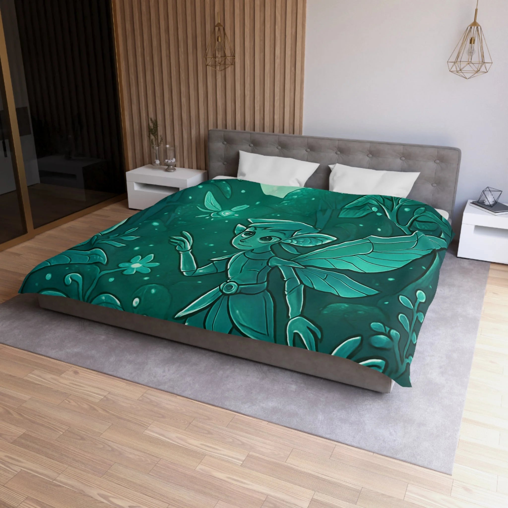 Housse de couette verte magique avec fée, papillon et forêt enchantée, ambiance nocturne