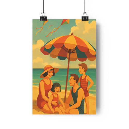 Poster famille plage maillots colorés parasol cerfs-volants ciel bleu ambiance joyeuse style vintage pièces de vie